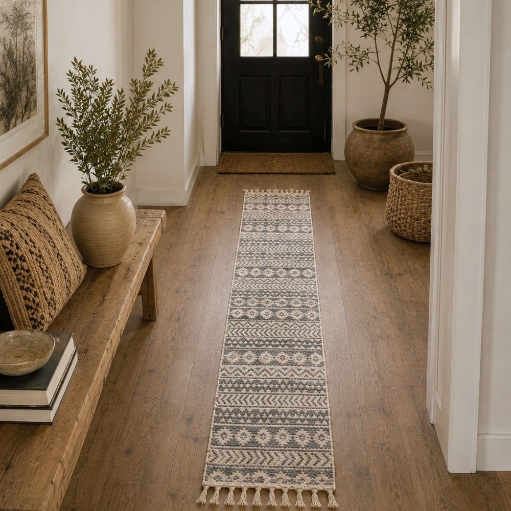 Jute Cotton Runner Rug Tribal Geometric 14x72 Brown Tan Boho Decor Earthy Rustic